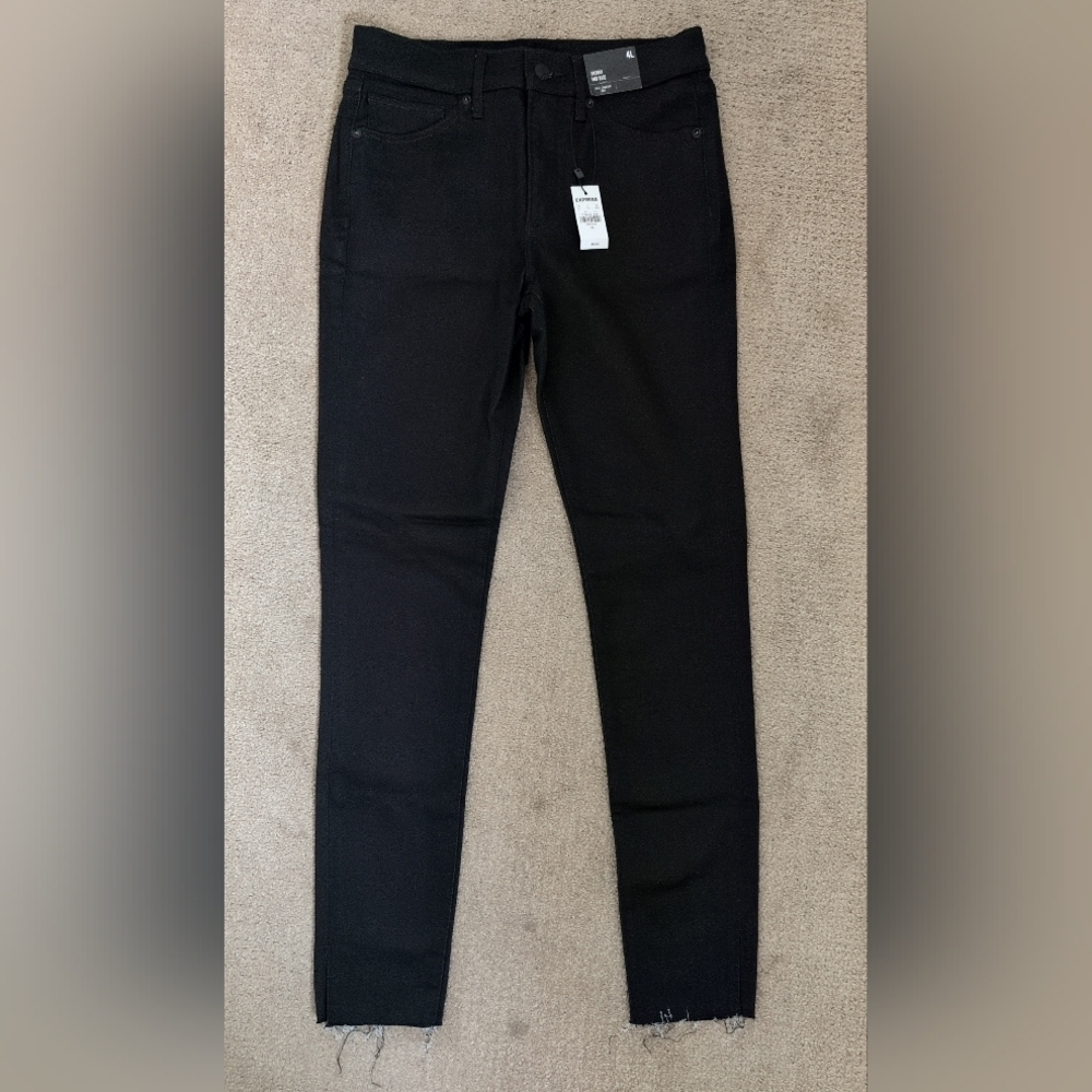 Express Mid Rise Skinny Black Frayed Fringe Hem Long Denim/ Jeans - Picture 4 of 14